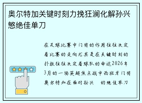 奥尔特加关键时刻力挽狂澜化解孙兴慜绝佳单刀