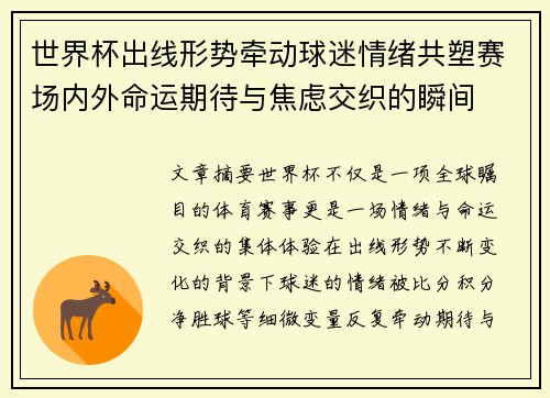 世界杯出线形势牵动球迷情绪共塑赛场内外命运期待与焦虑交织的瞬间 世界杯出线形势牵动球迷情绪共塑赛场内外命运期待与焦虑交织的瞬间